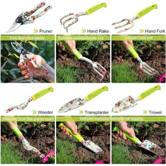 Gardening Tool Set - 13 PCS Heavy Duty Aluminum Gardening Tools Kit Floral Print - Picture 4 of 16